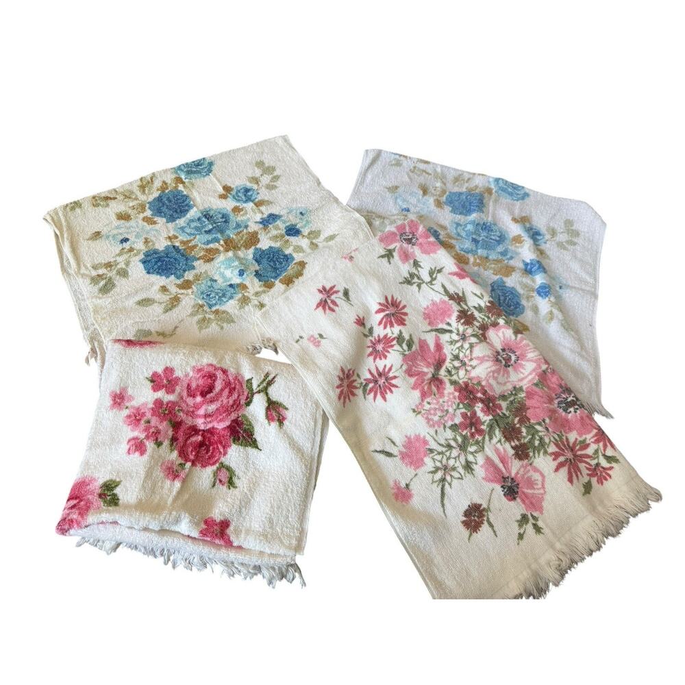 Vintage Fieldcrest Floral Bath Towels Lot Pink Blue Fringe Cottagecore READ